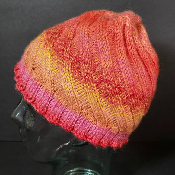 Handmade Knit Hat Pink & Orange Sunset Swirl Design Warm Winter Cap Wool Blend - Picture 5 of 7